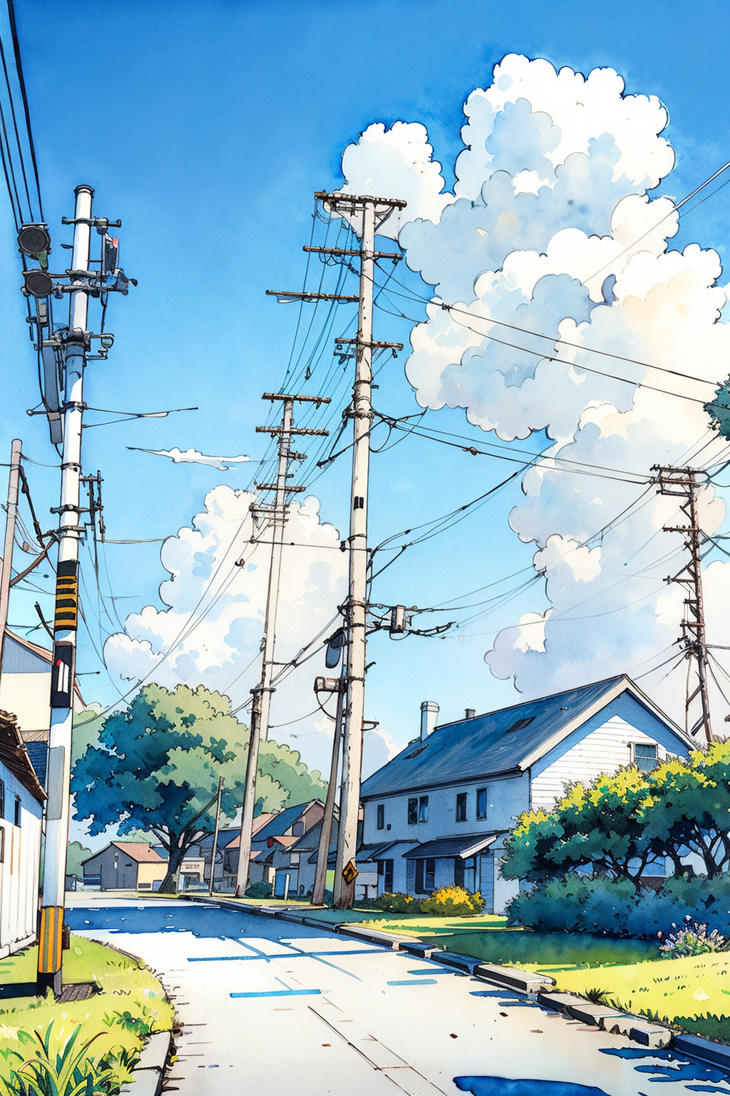 03806-2218140974-no humans, outdoors, power lines, house, sky, utility pole, tree, scenery, traditional media, day, cloud, plant, blue sky, road,.png